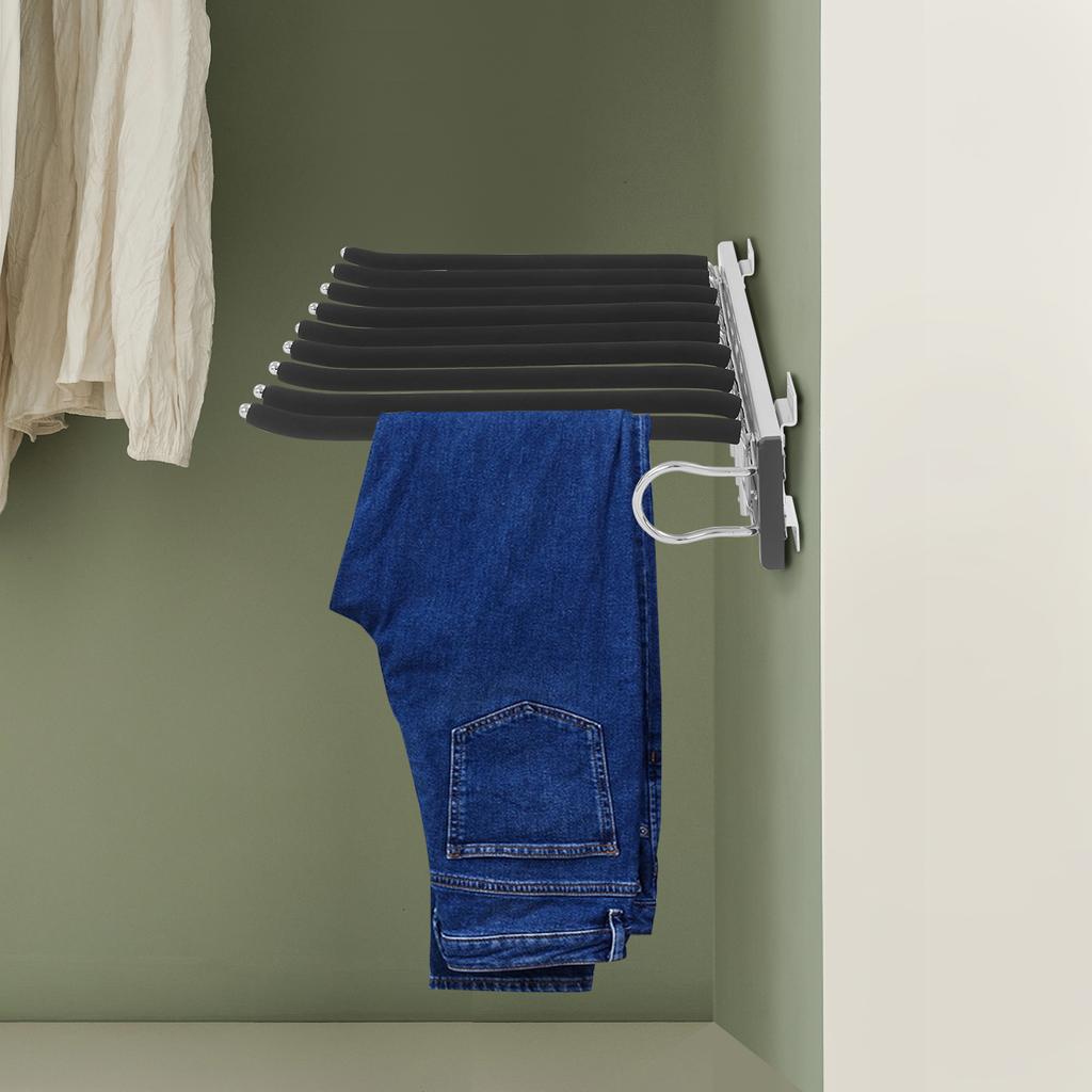 9-Rod Pull-Out Pants Rack – Heavy Duty Slide-Out Trouser Organizer with Silent Rails & Anti-Slip Flocking – Black/Silver