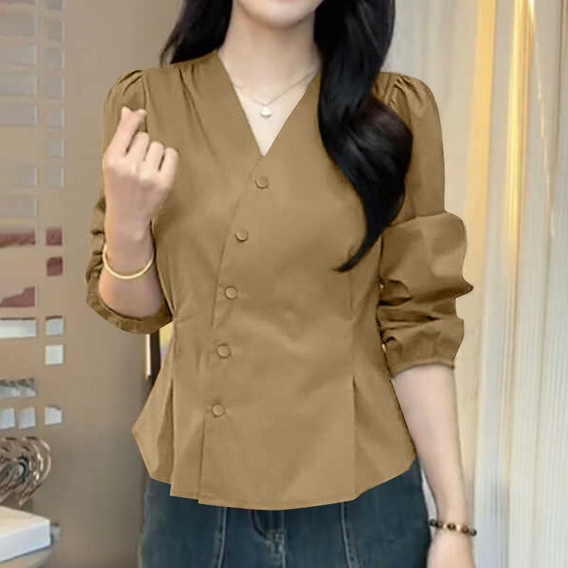 

ZANZEA Женская повседневная блузка с V-образным вырезом и длинным рукавом хаки