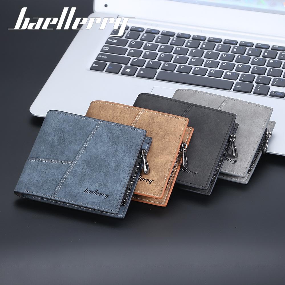 Baellerry Men's Short Wallet Matte Pu Leather Billfold Multi-card Slots Card Holder Zipper Coin Purse Fashion Vertical Notecase