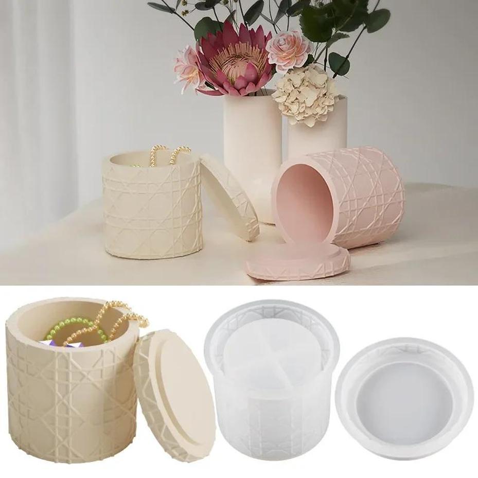 1 Pcs DIY Candle Cup Mold Flower Pot Ceramic Mold Rattan Pattern Storage Box With Lid Silicone Mold Jar Bottle Plaster