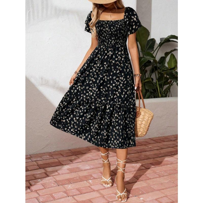 Mode Kurzarm Sommerkleid mit Blumendruck Sexy Rüschen Quadratischer Ausschnitt Elegant Plissiert A-Linie Partykleider Lässig Locker Slim Urlaubskleidung