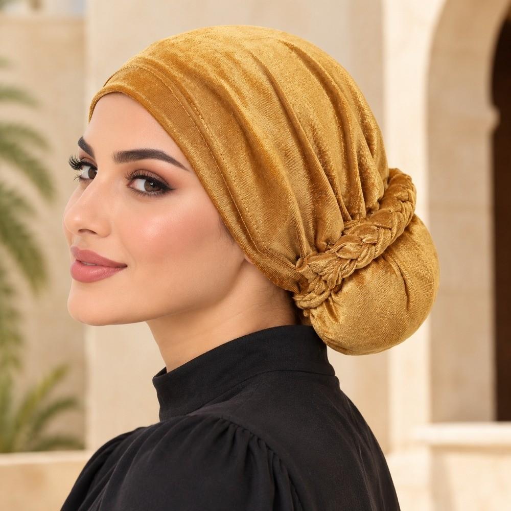 Plated Finish Velvet Turban Hat Solid Color Chemo Beanies Elegant Muslim Headscarf Cap for Women