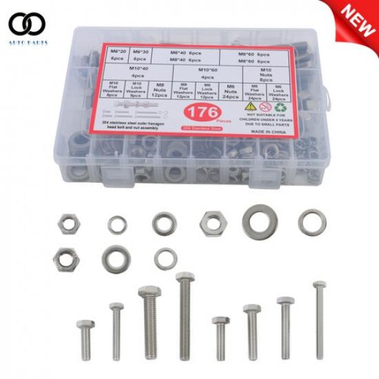 176 Pack M6 M8 M10 Heavy Duty Flanged Bolts and Nuts Kit,Stainless Steel Metric