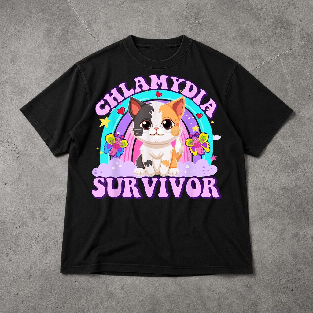 Chlamydien-Überlebender Katze Shirt, Lustiges Dunkles Humor Meme Tee, Chaotisches Katzen Grafik T-Shirt, Virales Witz Shirt