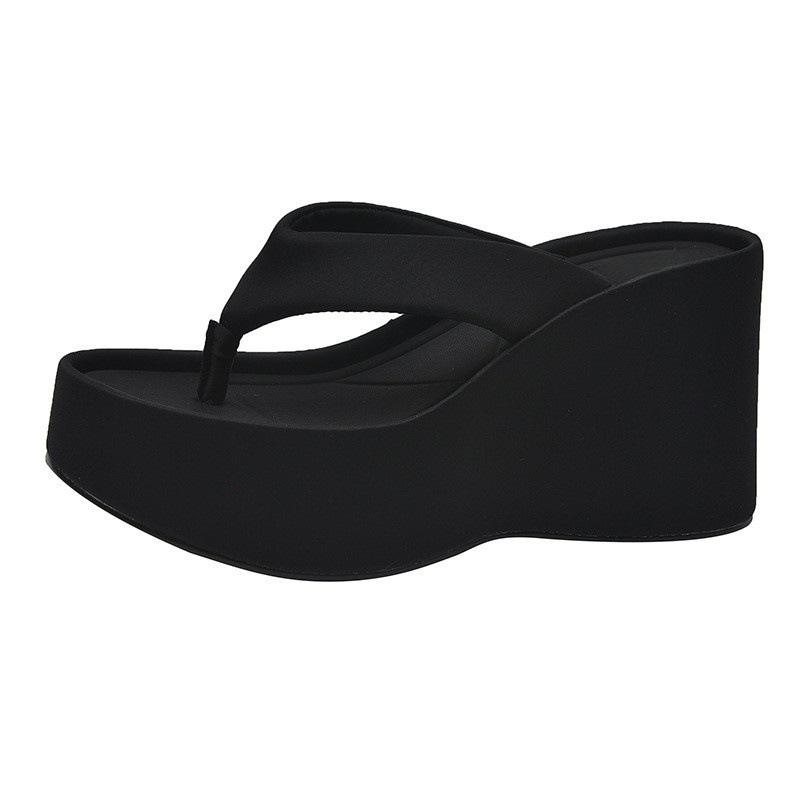 

Thick-bottomed slope heel flip-flops for women in summer wear small people to increase height, super high and fashionable versatile cool slippers 40 чёрный