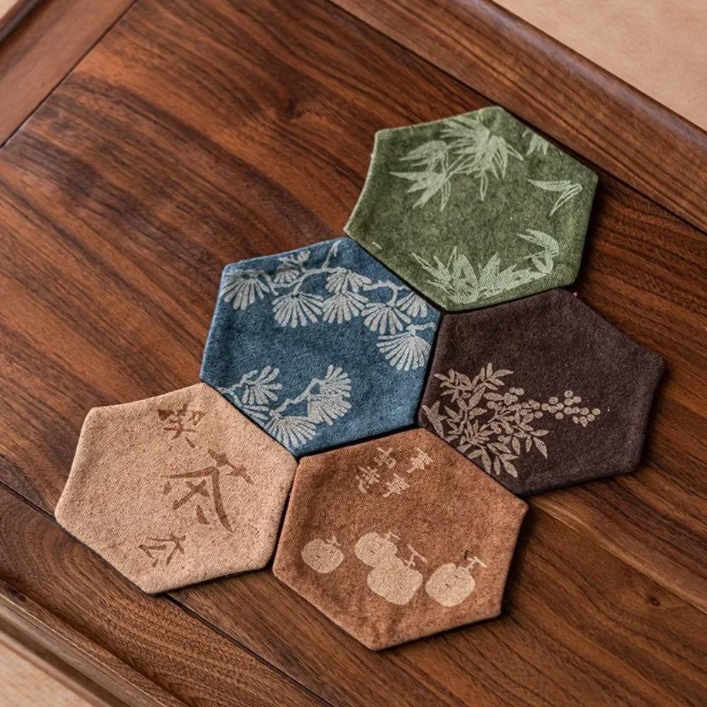 Tie-Dye Fabric Chinese Vintage Tea Cup Coaster Hexagonal Teacup Holder  Office