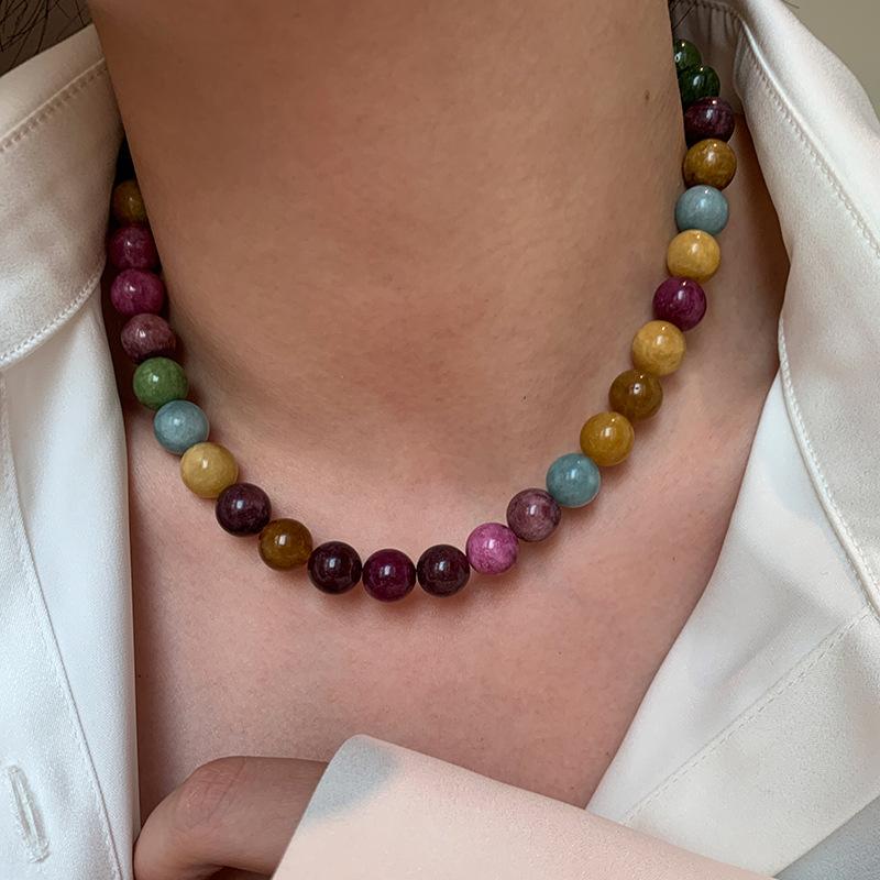 Турмалиновое ожерелье - Цветная дофаминовая цепочка-ожерелье из бусин натуральных камней - Элегантная шейная цепочка