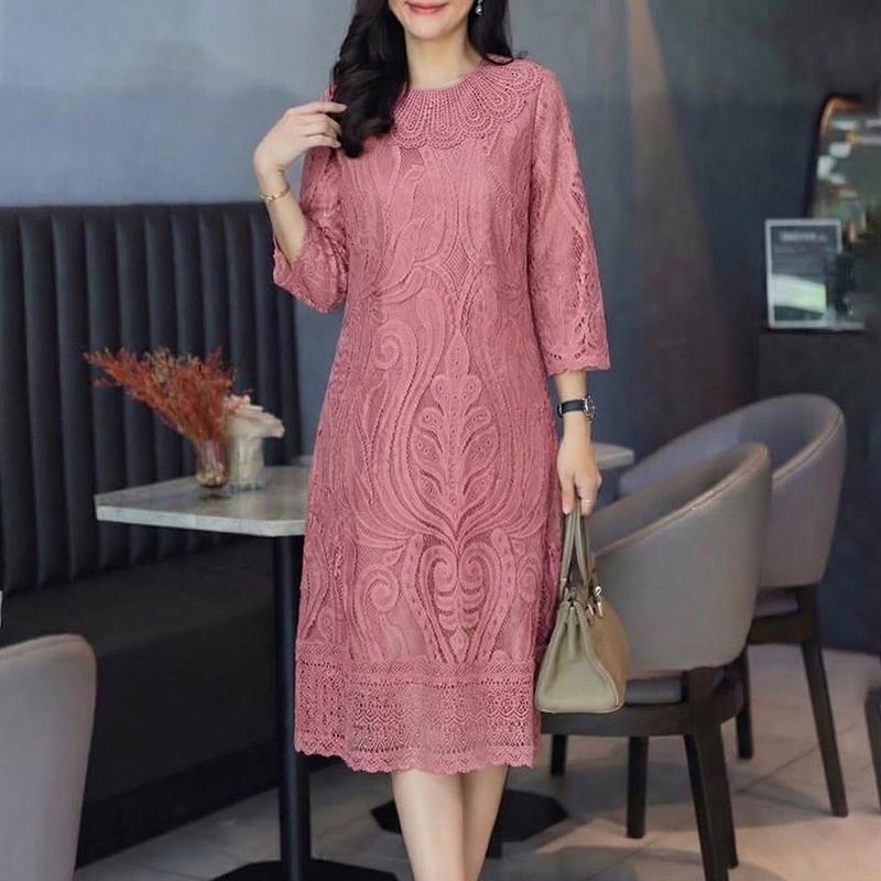 ZANZEA Women Casual Round Neck 3/4 Sleeve Patchwork Lace Sheath Dress