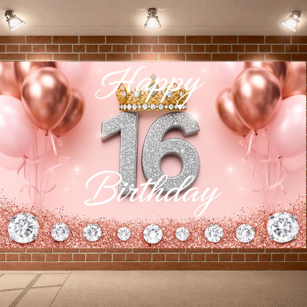 Oslava 16. narozenin Stříbrná třpytivá čísla Banner Šťastné 16. narozeniny Banner k 16. narozeninám Růžové pozadí Pro narozeninovou fotku