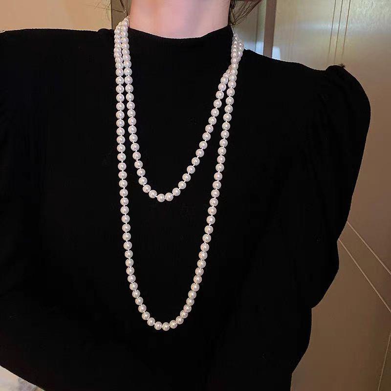 French Pearl Layered Sweater Chain: Women's High-End Starry Necklace for Chic Style