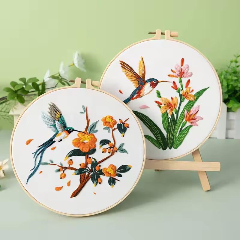 Diy Handmade Embroidery Material Kit Hummingbird Kingfisher Flower Bird Flying Bird Fabric Embroidery Kit For Beginner Adult