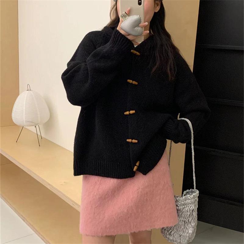 Korean lazy wind hooded horn button sweater cardigan women's new design soft waxy knitted autumn coat top