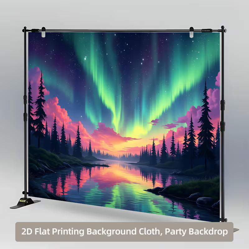 2D Colorful Sky Forest Tapestry, Northern Lights Aurora Borealis Over Pine Trees Wall Hanging, Scenic Decor