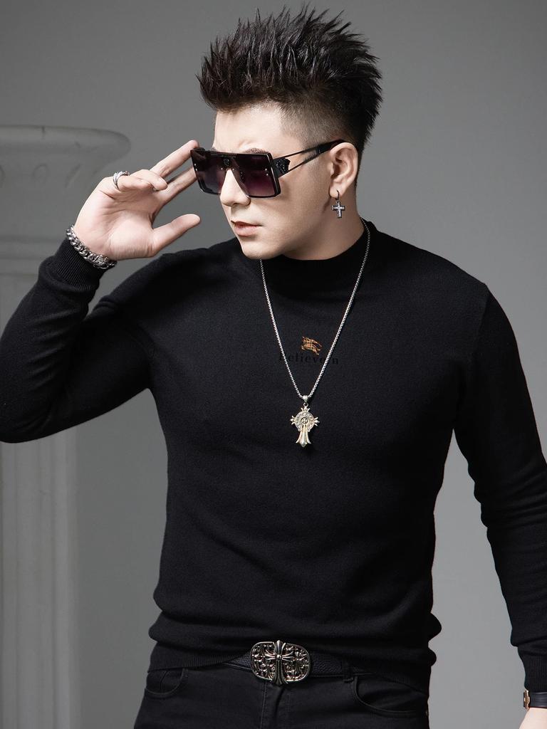 European-Style Half-Turtleneck Sweater for Men, Autumn Trendy Brand Printed Base Shirt, 2025 New Model, High-End Men's Knitwear