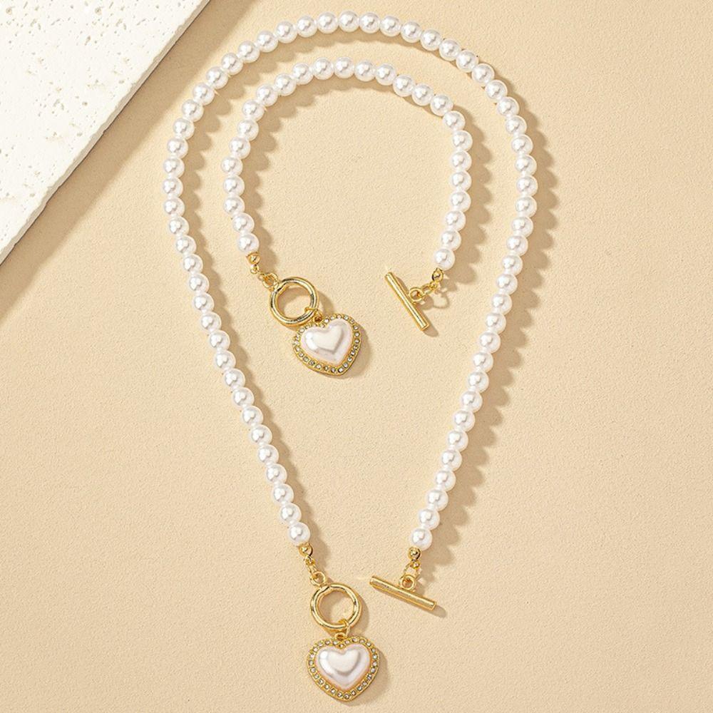 Crystal Necklace Bracelet Set Beaded Pearl Necklace Set Trendy Heart Pendant Jewelry Set Women