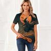 Womens Halloween Print V Neck Short Sleeve Button T Shirt Casual Fashion Top Lightweight Comfortable Fit