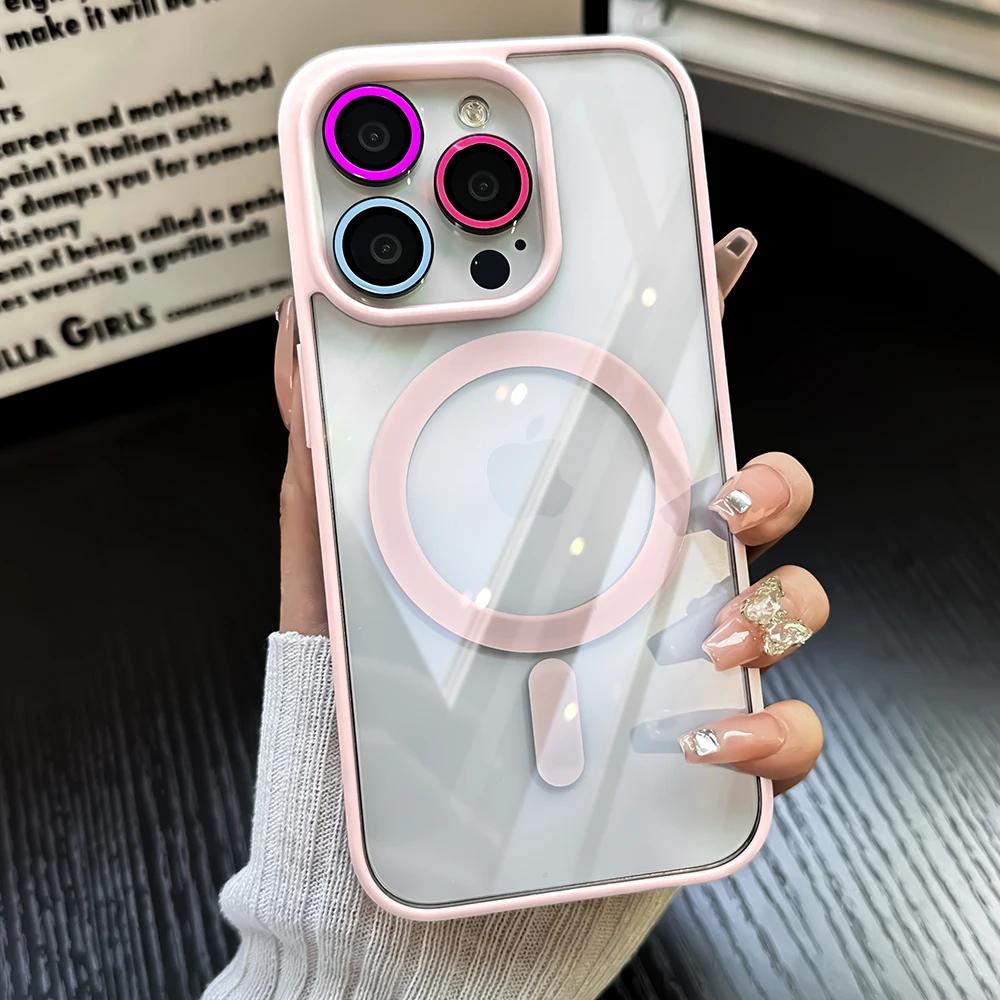 Luxury Magnetic Shockproof Clear Phone Case For iPhone 15 14 13 12 11 Pro Max Plus Mbile Cover Glass Lens Protection Magsafe