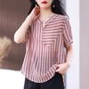 Striped Short-sleeved Shirt for Women's New V-neck Chiffon Top Summer Clothes Mother's Fashionable and Fashionable Casual Shirt