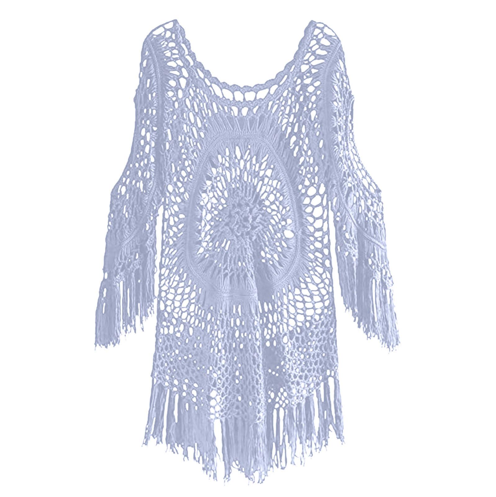 

(SU)Женский прикрытый белый вязанный крючком купальник с кисточками и рукавами три четверти