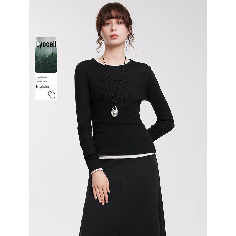 ELLE Women s Lyocell Tencel Embroidered Slim Fit T-shirt S