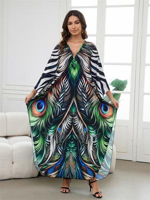 2024 letni damski zielony nadruk luźna sukienka kaftan 2024 Boho przytulny dekolt w serek rękaw w kształcie skrzydła nietoperza długie sukienki plażowe seksowny strój kąpielowy osłony do bikini