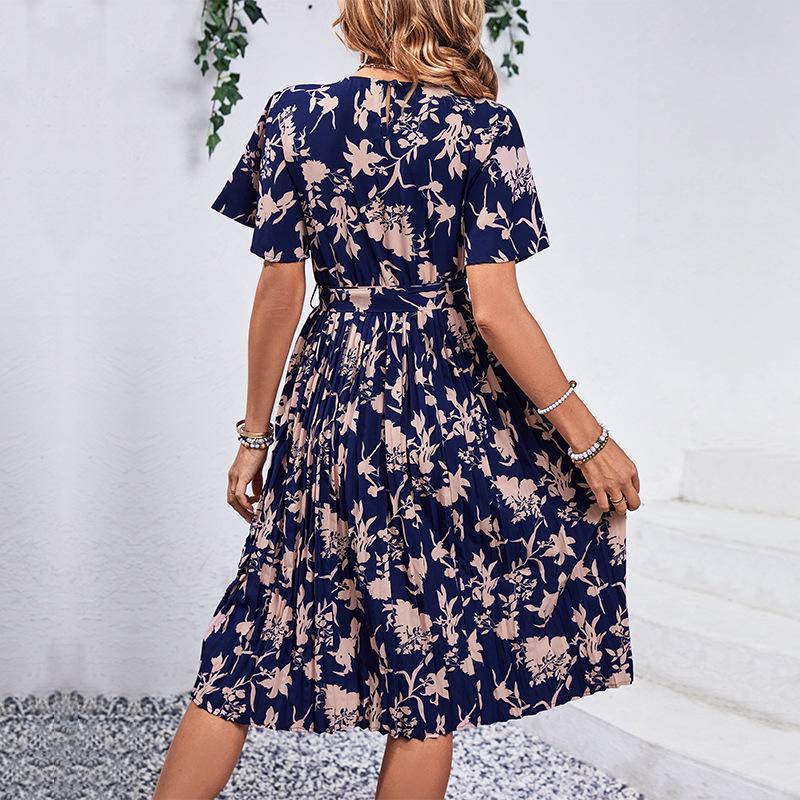 Summer casual chic elegant floral print cinched waist dress