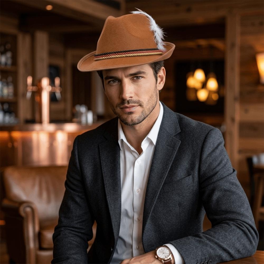 Structured Brim Bavarian Feather Hat Decorative Side Cord Jazz Cap Panama Hat Men Women