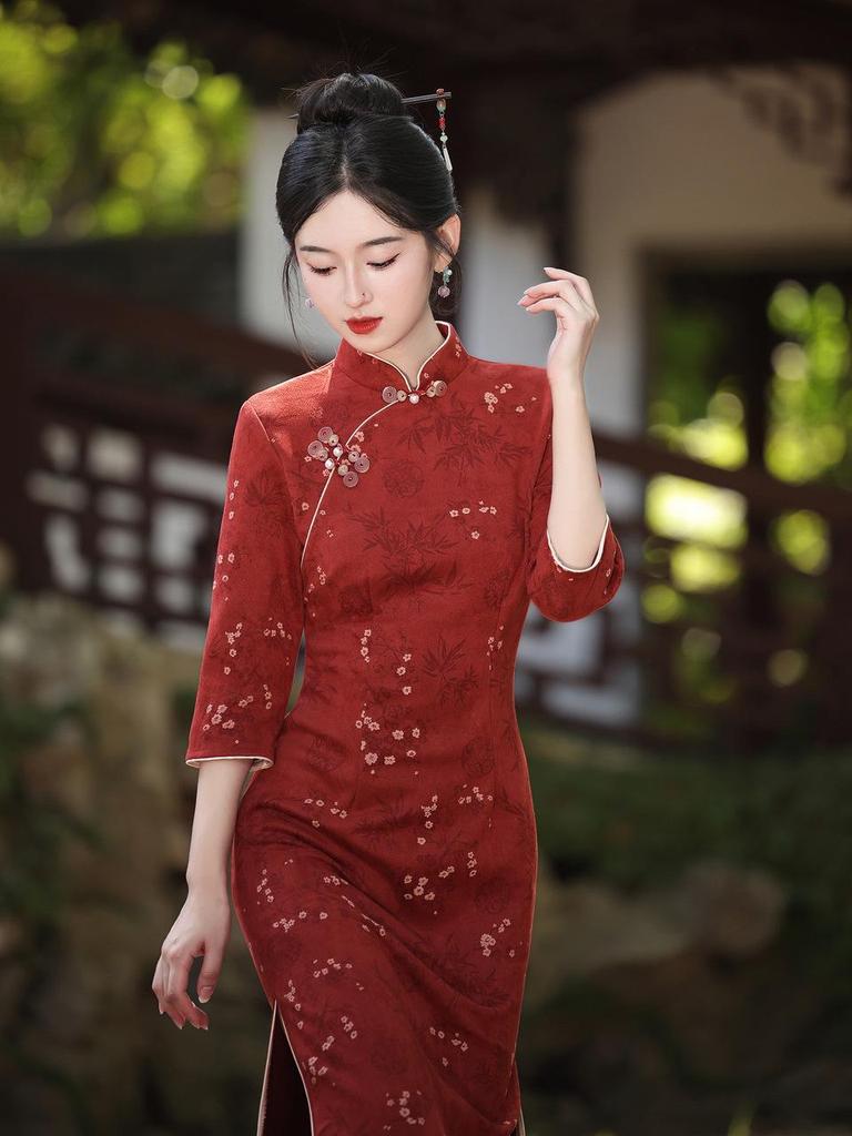 Suede Cheongsam: New 2025 Autumn Long-Sleeve Dress, National Style for Young Girls