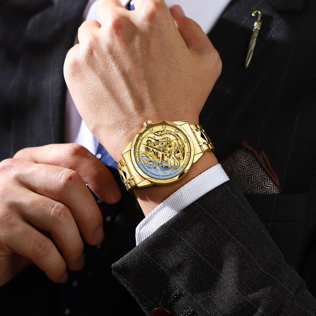Gold 3D Dragon Dial Watches for Men Luxury Automatic Mechanical Watch Stainless Steel Strap Hollow-carved Wristwatches