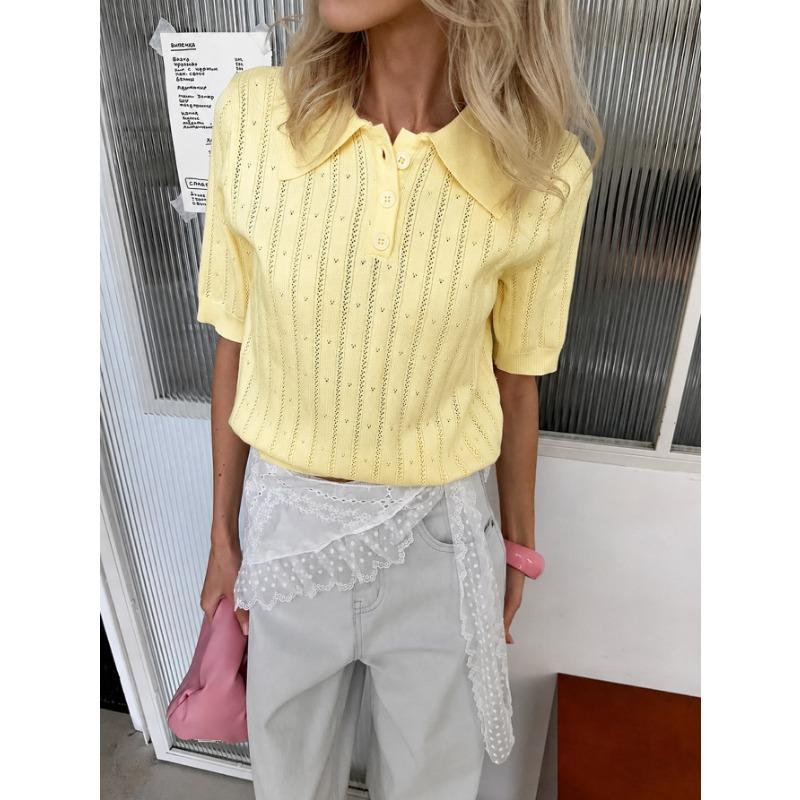 Womens Loose Casual Solid Color Openwork Knit Short Sleeve Polo Shirt