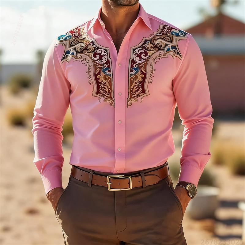 Men's Retro Fashion Printed Long-Sleeve Shirt, Western Cowboy Style, Slim Fit Casual Shirt, Comfortable Fabric, Sizes XS-6XL