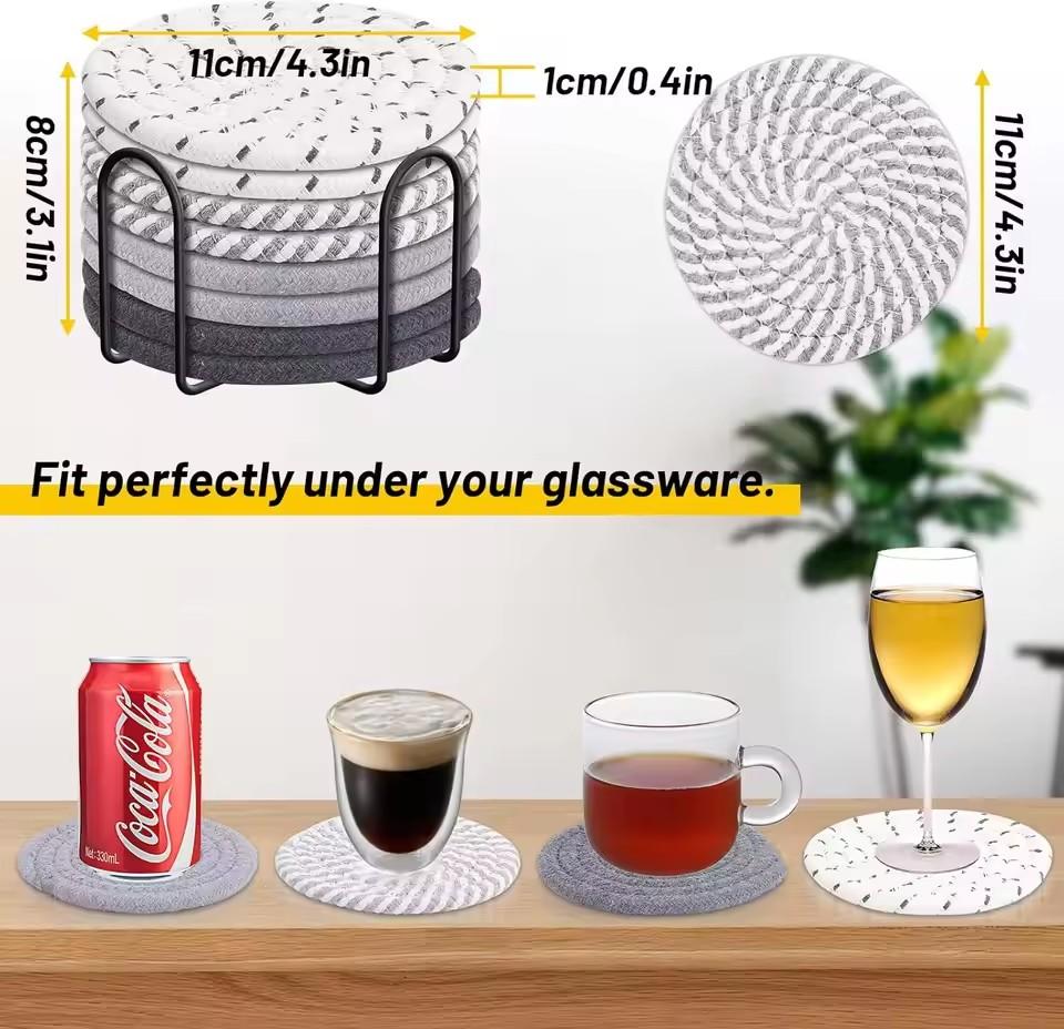 8Pcs Drink Coasters With Holder, 4 Colors Absorbent Coasters For Drinks, Heat-Resistant Cotton Woven Coaster Set For Home Decor