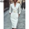 Women's Fashion Spring Autumn Solid Color Print Long Sleeve Stand-Neck High Waist Casual Dresses