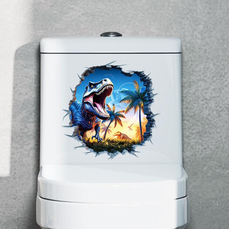 3D Dinosaurier Wandsticker für Kinderzimmer Kindergarten Schlafzimmer Wanddeko Wasserdichte Vinyl Toilettenaufkleber für Mülleimer Kreative Abziehbilder