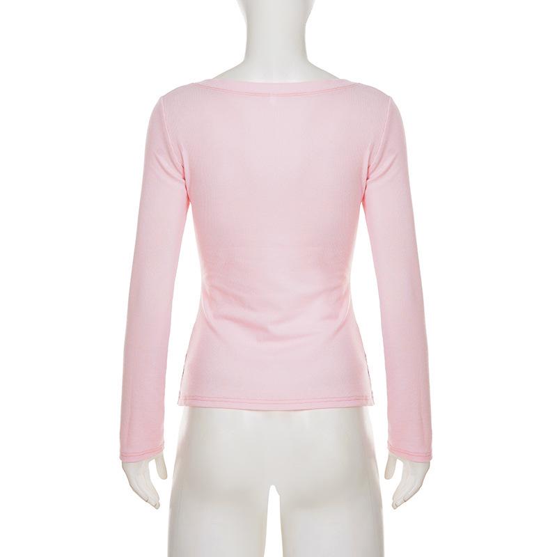 Retro scharfes florales Print V-Ausschnitt Langarm figurbetontes T-Shirt für Damen