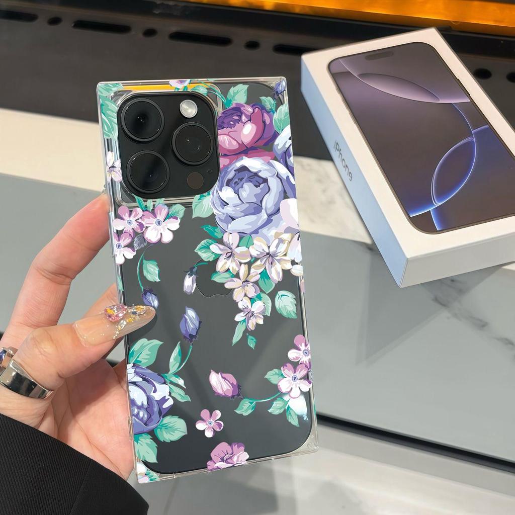 Clear Square Back Tube Case Protection For iPhone 14 Pro Max 16 ProMax 12 11 13 15 Plus Anti-Oxygen,Purple Rose Pattern Casing