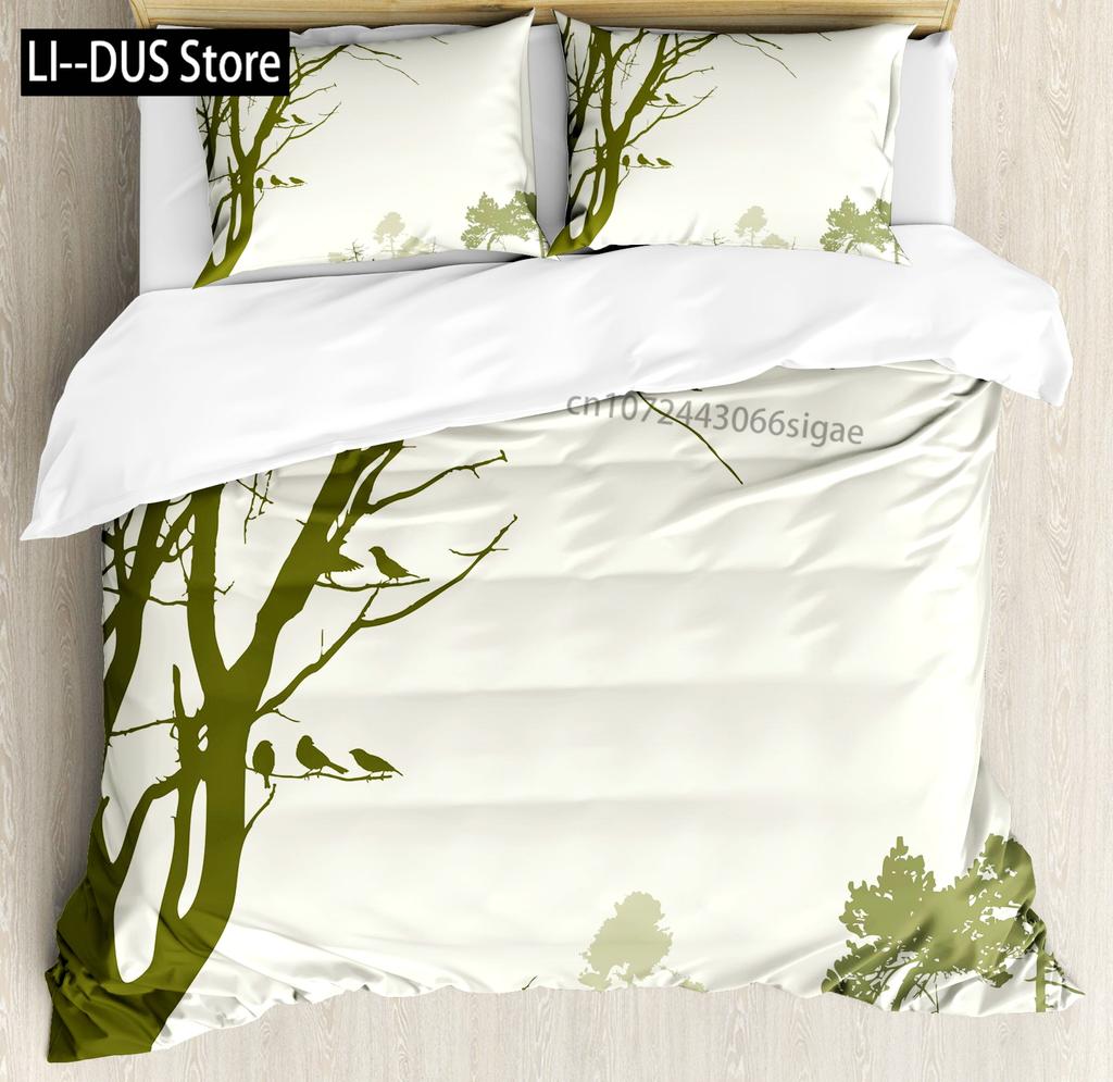 Pine Trees in The Forest Duvet Cover Set Foggy Decorative 3 Piece Bedding Set with 2 Pillow Shams Queen Full Size Warm Taupe
