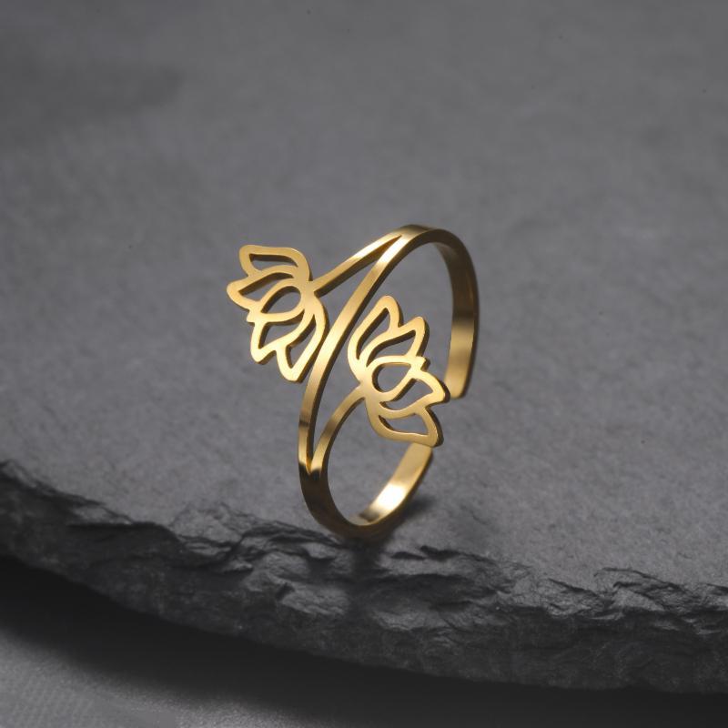 Delicate Lotus Open Ring for Women Stainless Steel Adjustable Thin Band Finger Ring for Casual Daily Wear Gift for Mom