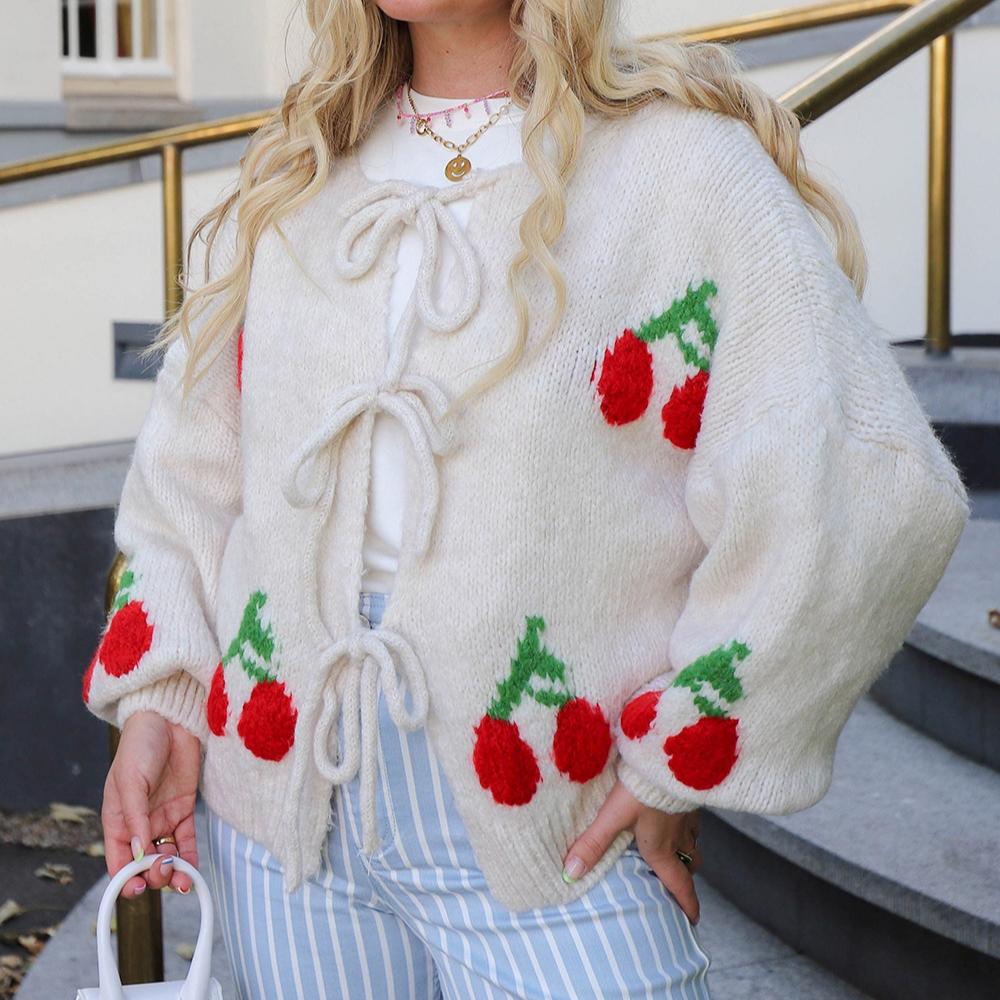 Kirschbestickter Jacquard-Cardigan Damen Niedlicher Stil Riemen Strickjacke Mantel 3616