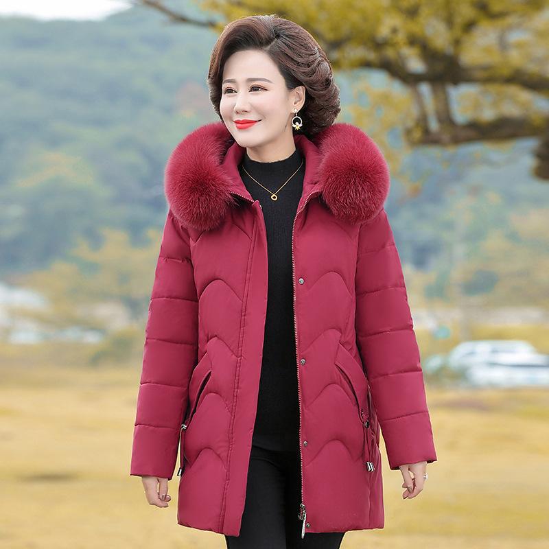 

Женская зимняя утолщенная хлопковая куртка для среднего и пожилого возраста с большим меховым воротником, пуховик для мамы XL красный