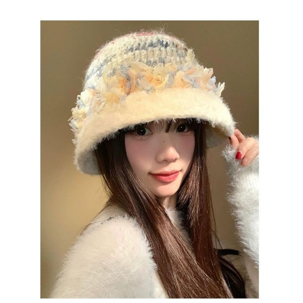 Plush Knitted Bucket Hat Women's Autumn and Winter Bucket Hat Warm and Cold Ear Protection Plush Hat