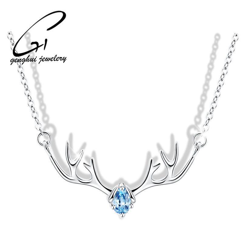 

Korean Style Christmas Reindeer Antler Necklace S925 Sterling Silver Clavicle Chain Blue Diamond Set
