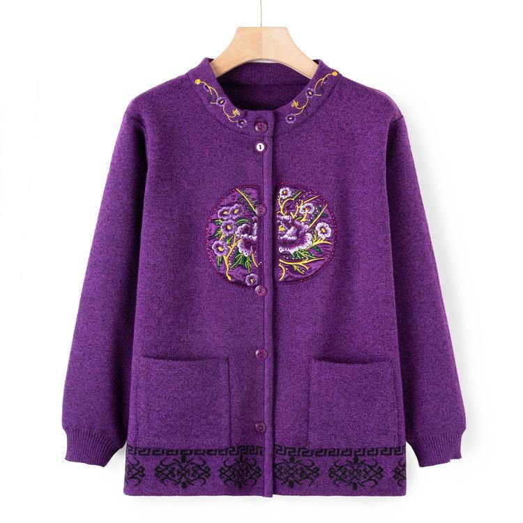Grandma Autumn and Winter Sweater Jacket Women Festive Mother Cardigan Top Middle-aged and Elderly Sweater Old People Clothes