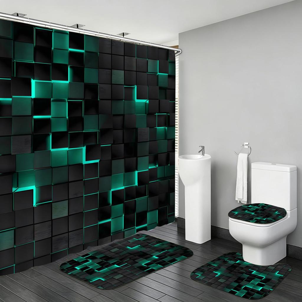 4Pcs Shower Curtain Set with Non-Slip Bath Mat, Toilet Lid Cover, Contour Rug & 12 Hooks, Bathroom