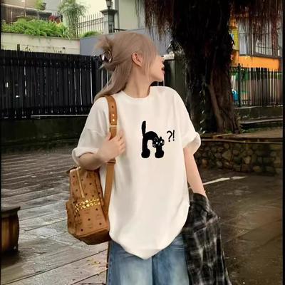Heavy Cotton American Oversize Apricot Cartoon Cat Short-sleeved T-shirt Women's Summer Loose Couple Top Tide