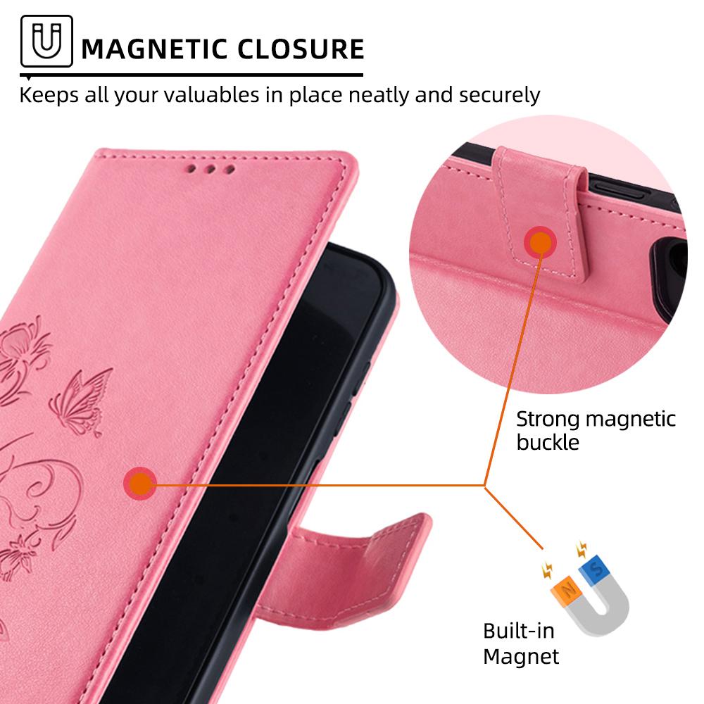 For Motorola Moto E14 4G/G04 4G/G04s 4G/G24 4G Leather Case Wallet Card Slots Butterfly Flower Phone Cover with Strap