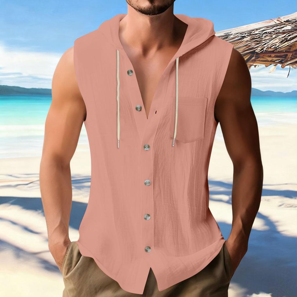 Men's Casual Sleeveless Shirt Cotton Linen Hooded Fashionable  Color Loose Vest Top
