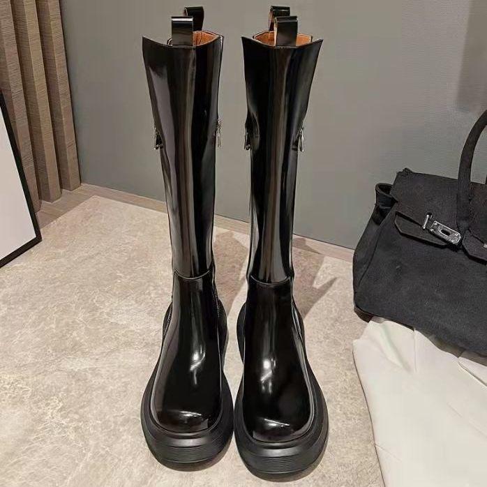 Модная обувь с круглым носком Кожа Черный Зима Высокие до колена Голенище Платформа — фото 8
