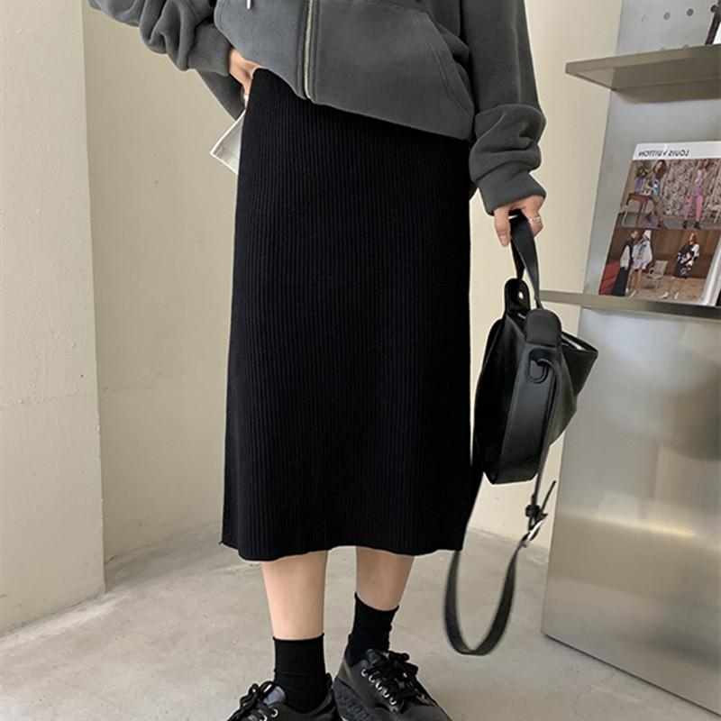 Women Knitted Split Mid Long Skirt Casual Korean Style Autumn Winter Solid A-line Slim Skirts