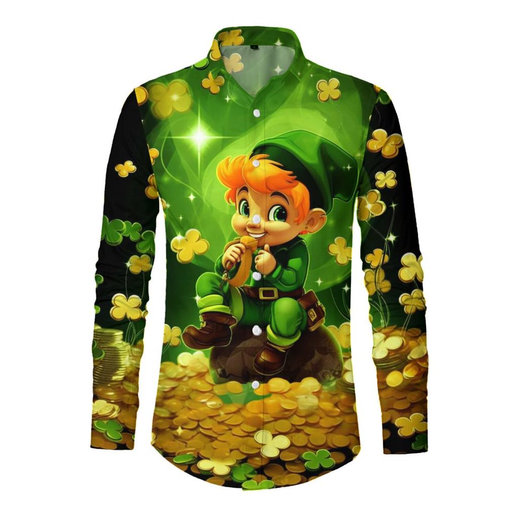 Lucky Clover Print Long Sleeve Shirt, Stylish Casual Button-Up Top